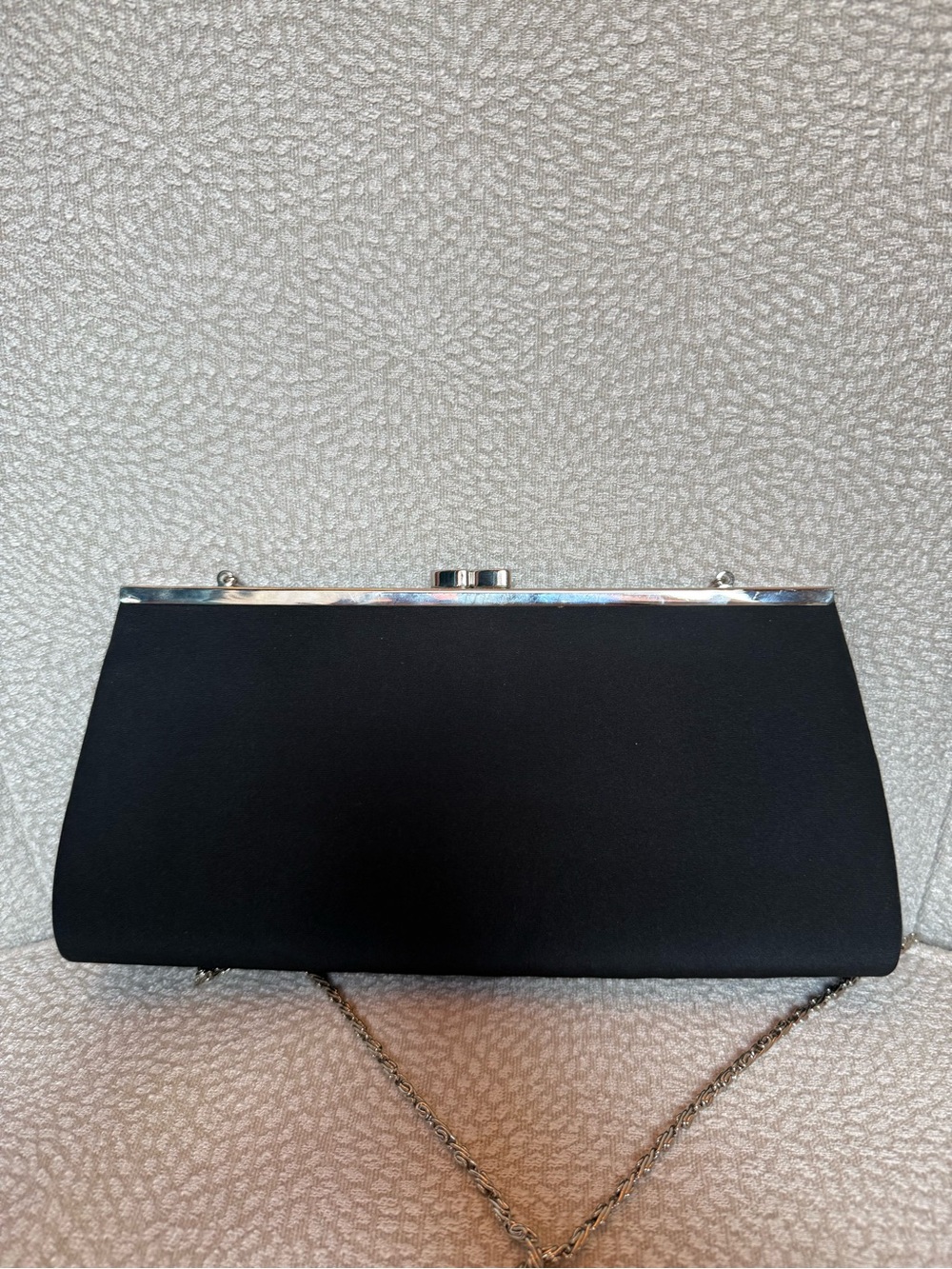 Elegant Black Satin Clutch with Silver Frame and Chain